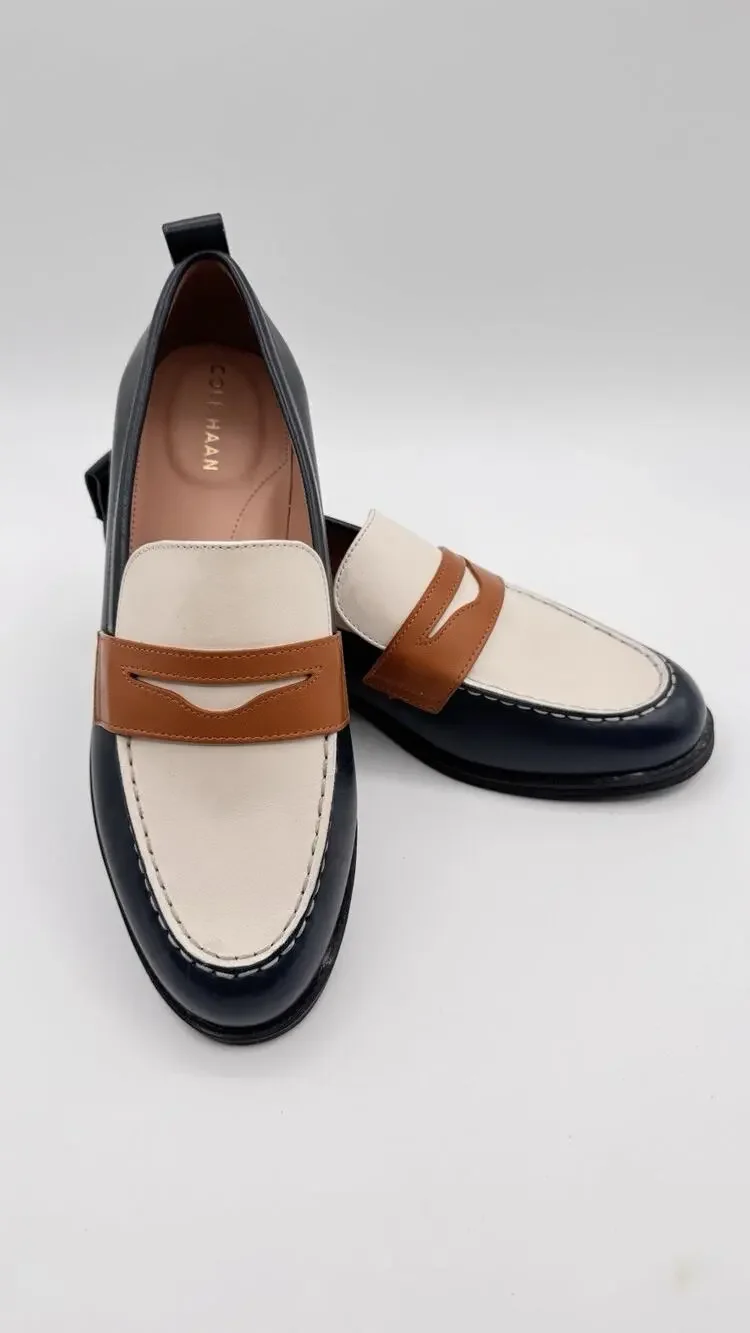 Cole Haan Shoes Womens Size 8 Navy White Pecan Leather Stassi Penny Loafers